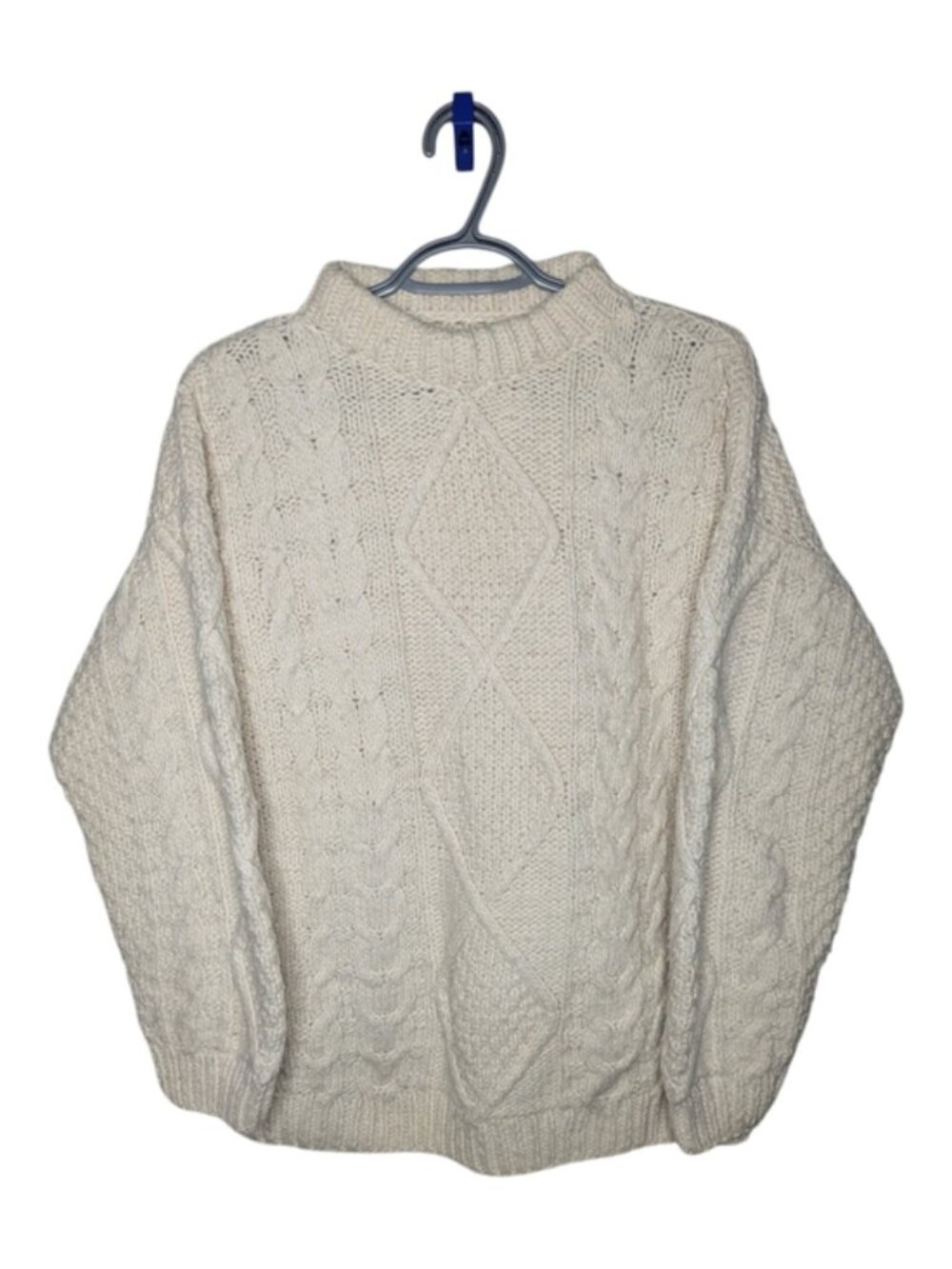 Cream Chunky Cable Knit Mock Neck Fisherman Sweater Handknit Unisex Size Large